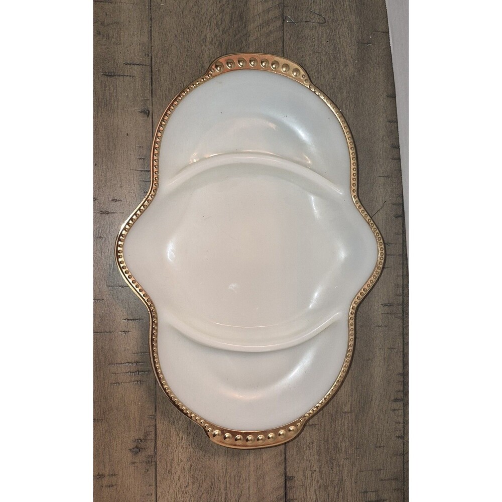 FIREKING FIRE KING WARE- WHITE DIVIDED RELISH DISH - 22K GOLD TRIM U.S.A VINTAG
